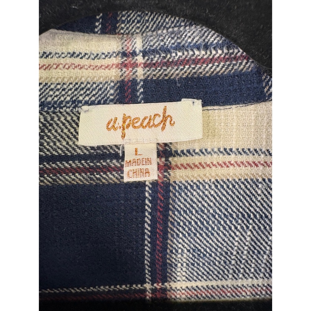 A.Peach Womens Colorblock Plaid Flannel Distressed Frayed Hem Shirt Large - Picture 3 of 8